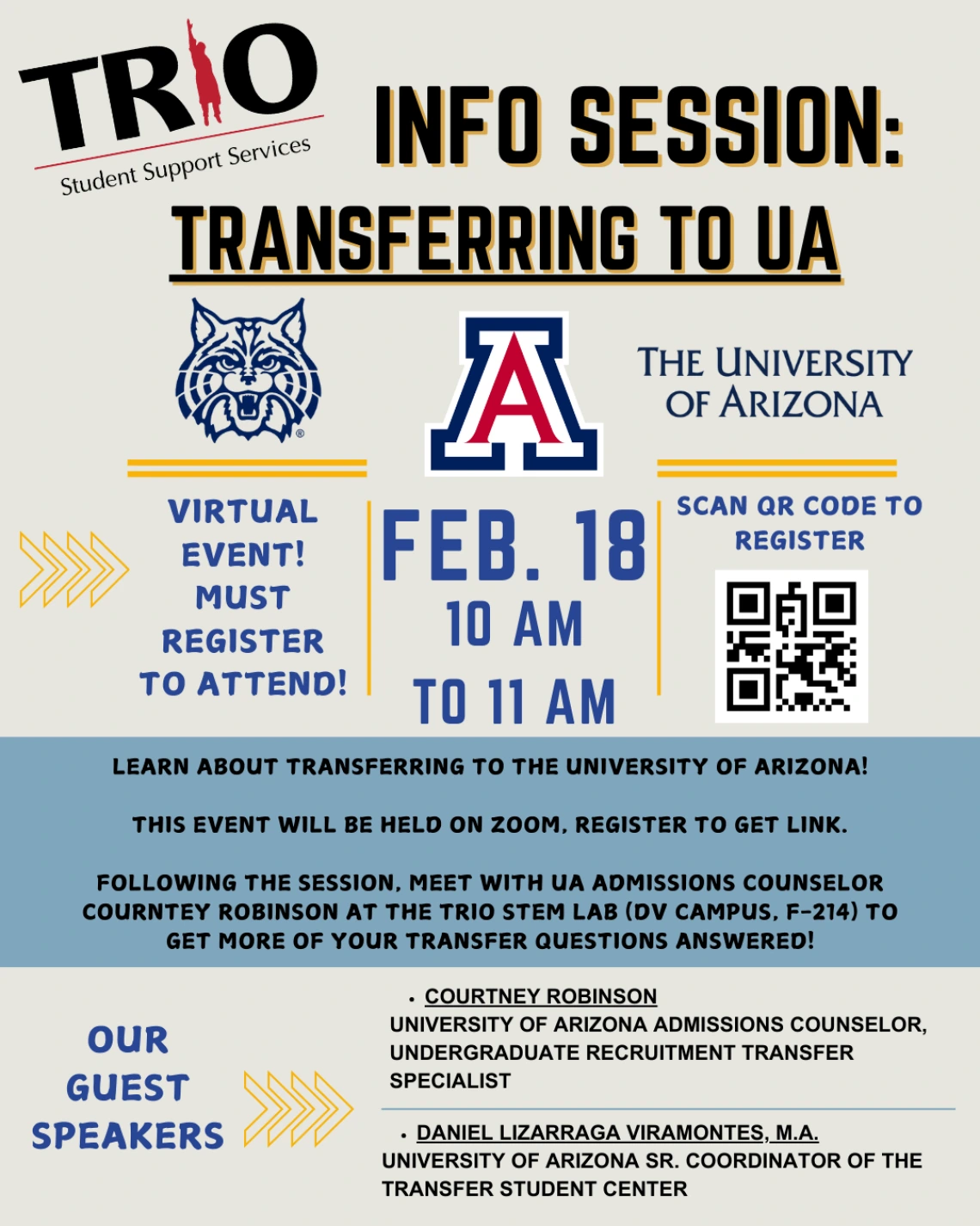 Flyer for TRIO Info Session: Transferring to UA