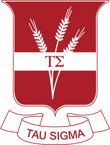 Tau Sigma Logo of a maroon Shield with three wheat leaves and the words "Tau Sigma" underneath on a white banner